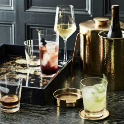 Antique Brass Hammered Coasters with Holder, Set of 4 -Deals BAR Store antique brass hammered coasters with holder 202240 0042 antique brass hammered coasters with holder set of 4 z